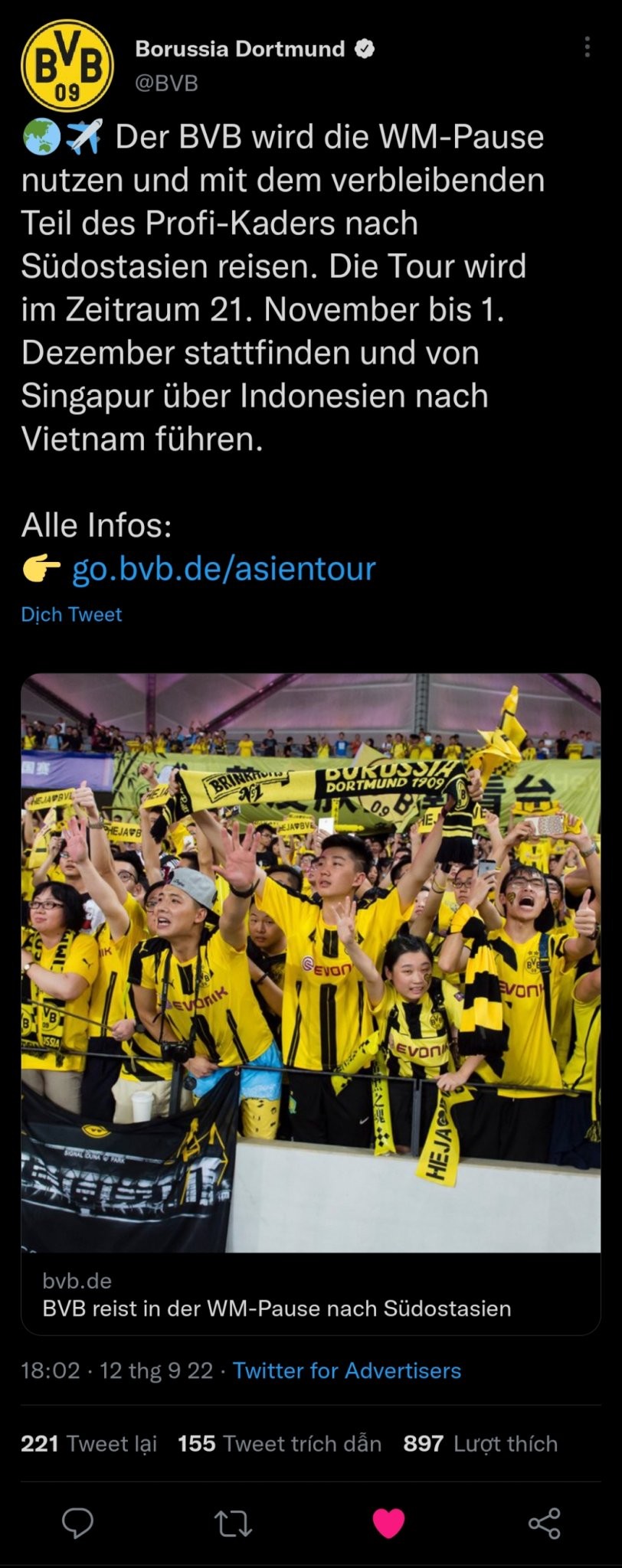 Borussia Dortmund sang Việt Nam thi đấu giao hữu vào cuối năm nay
