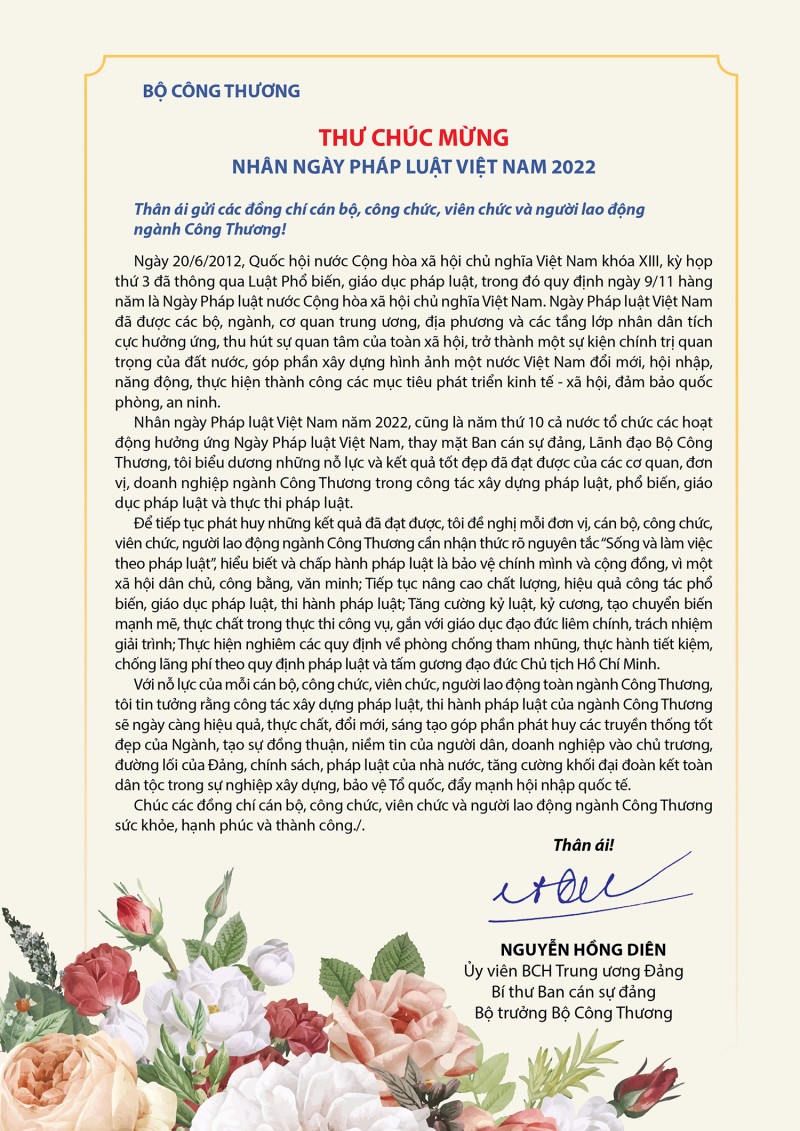 Bộ trưởng Bộ Công Thương gửi thư đến cán bộ công nhân viên chức nhân ngày Pháp luật Việt Nam