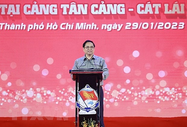 Thủ tướng Phạm Minh Chính phát biểu tại Lễ phát lệnh làm hàng đầu năm của Tổng Công ty Tân Cảng Sài Gòn
