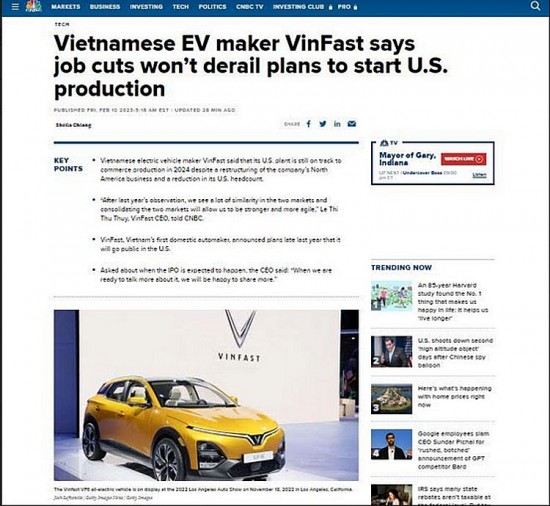 CNBC: VinFast sản xuất xe điện tại Mỹ từ năm 2024