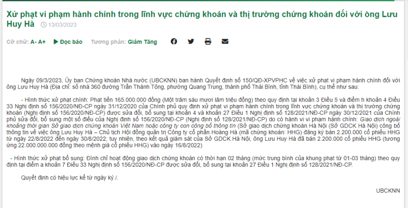 Bán chui 2,2 triệu cổ phiếu HHG, Chủ tịch Lưu Huy Hà bị xử phạt
