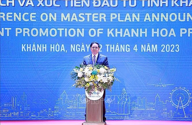 Thủ tướng Phạm Minh Chính phát biểu tại Hội nghị công bố quy hoạch và xúc tiến đầu tư tỉnh Khánh Hòa năm 2023. Ảnh: Dương Giang/TTXVN