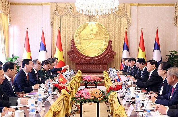 Chủ tịch nước Võ Văn Thưởng hội đàm với Tổng Bí thư, Chủ tịch nước Lào Thongloun Sisoulith. (Ảnh: Thống Nhất/TTXVN)