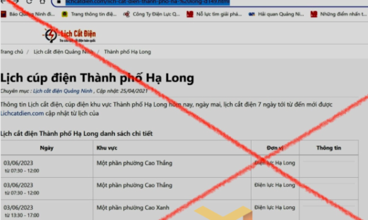 Quảng Ninh: Xuất hiện website giả thông tin lịch cắt điện ở TP. Hạ Long