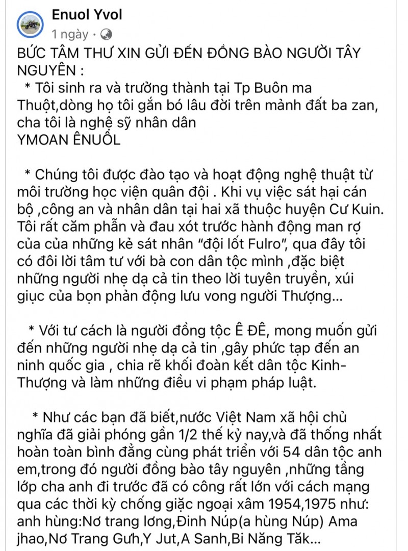 Sau vụ nổ súng tại Đắk Lắk: Y Vol - con trai cố NSND Y Moan viết tâm thư kêu gọi cảnh giác, không để bị chia rẽ