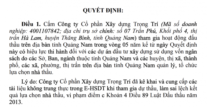 Quảng Nam: Cấm tham gia đấu thầu 5 năm với Công ty Cổ phần Xây dựng Trọng Trí