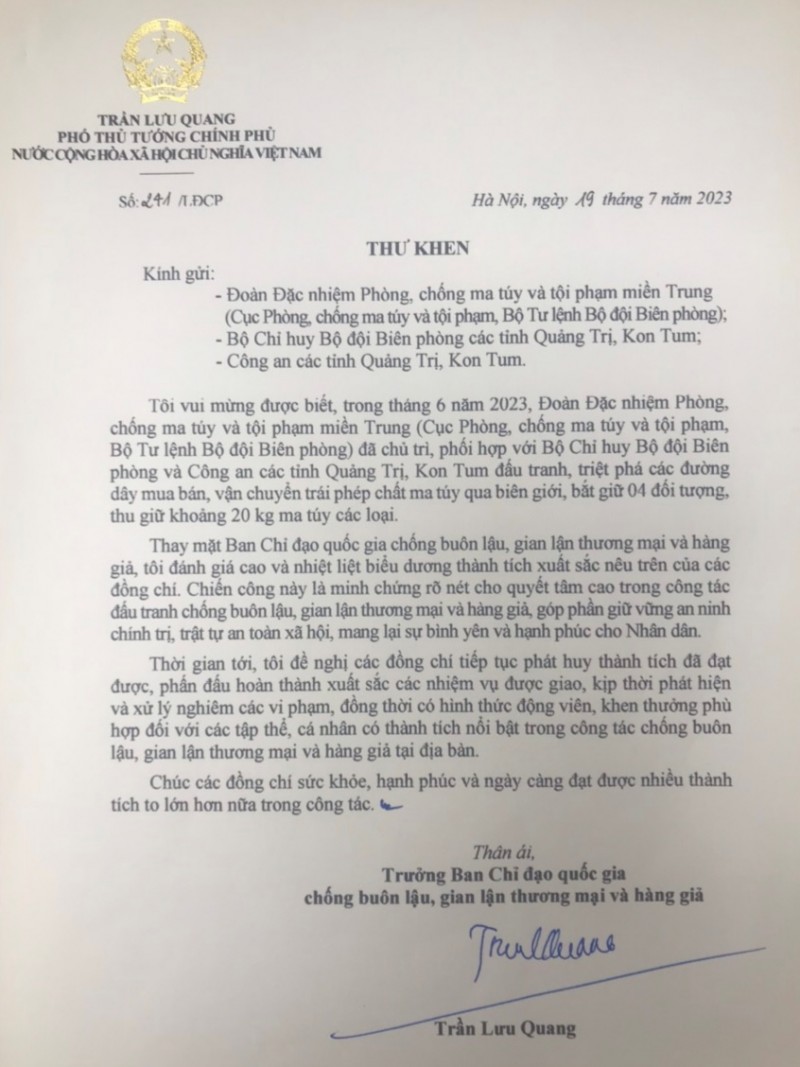 Phó Thủ tướng Trần Lưu Quang gửi Thư khen lực lượng thu giữ 20 kg ma túy tại Quảng Trị, Kon Tum