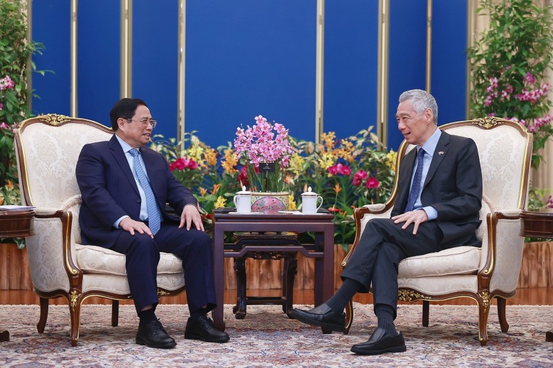 Thủ tướng Singapore Lý Hiển Long tiếp Thủ tướng Phạm Minh Chính. Ảnh: TTXVN