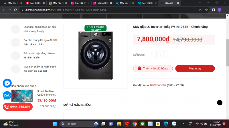 So sánh giá, giá tốt hôm nay 4/8/2023: Máy giặt LG Inverter 10 Kg FV1410S3B ở đâu giá tốt?