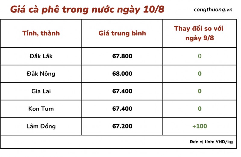 Giá cà phê hôm nay, ngày 10/8/2023: Giá cà phê trong nước duy trì mức 68.000 đồng/kg