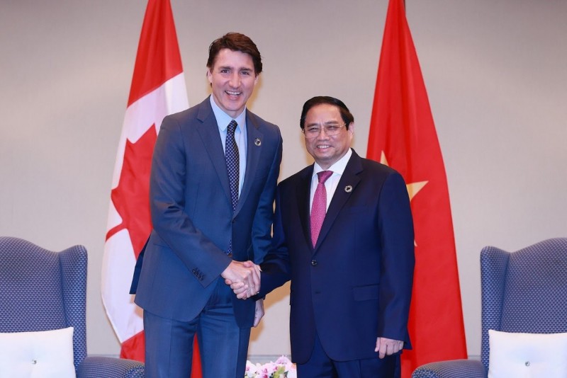 Thủ tướng Chính phủ Phạm Minh Chính và Thủ tướng Canada Justin Trudeau tại cuộc gặp song phương bên lề Hội nghị Thượng đỉnh G7 mở rộng tại Hiroshima, Nhật Bản, ngày 20/5/2023