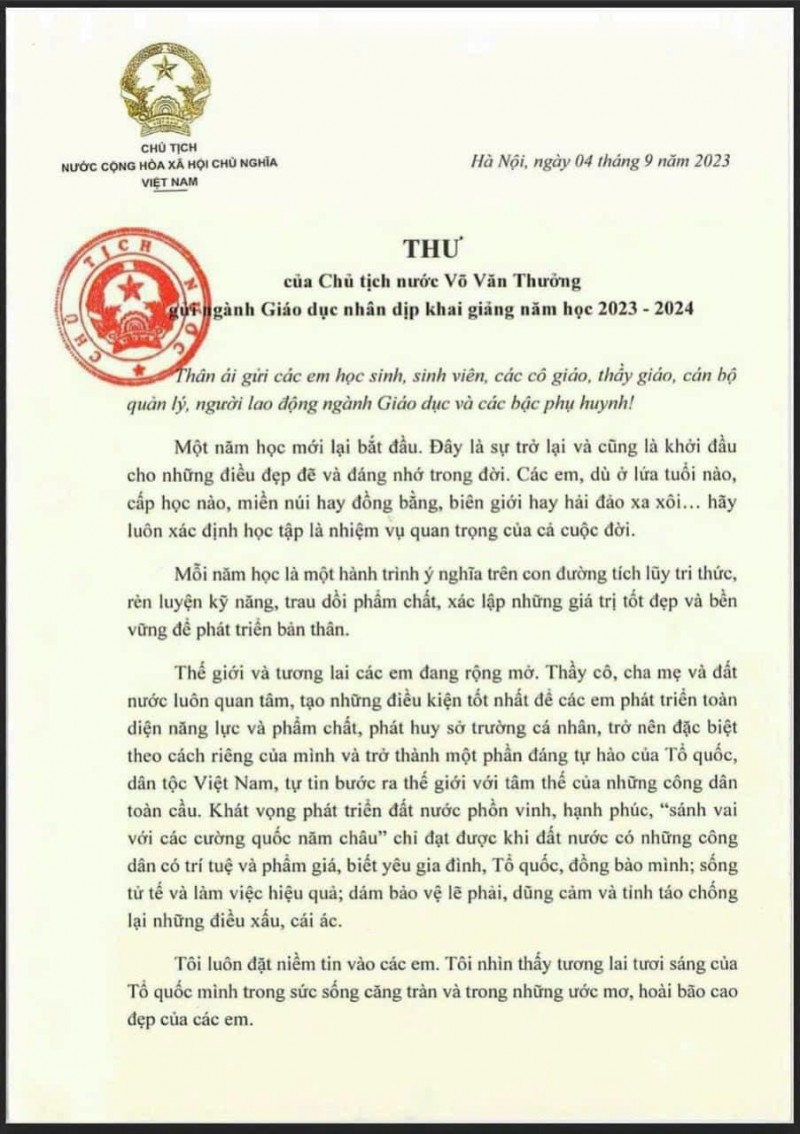 Chủ tịch nước Võ Văn Thưởng gửi thư cho ngành giáo dục nhân dịp khai giảng năm học 2023-2024