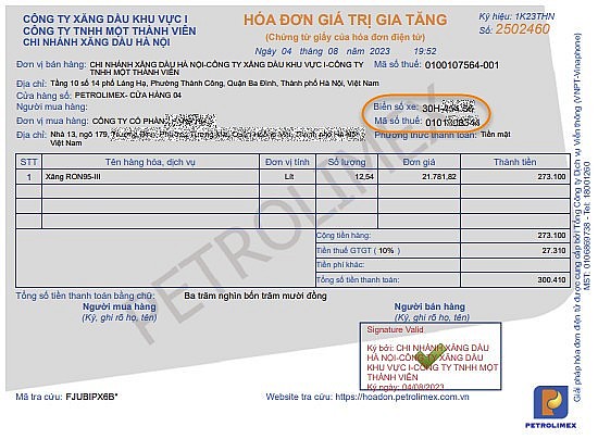 Từ ngày 1/9/2023: Tập đoàn Xăng dầu Việt Nam bổ sung “số biển số xe” trên hóa đơn điện tử