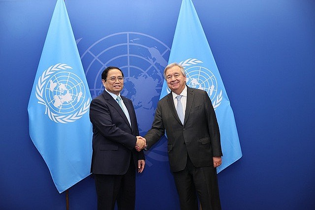 Thủ tướng Phạm Minh Chính gặp Tổng Thư ký Liên Hợp Quốc Antonio Guterres tại Trụ sở Liên Hợp Quốc - Ảnh: VGP/Nhật Bắc