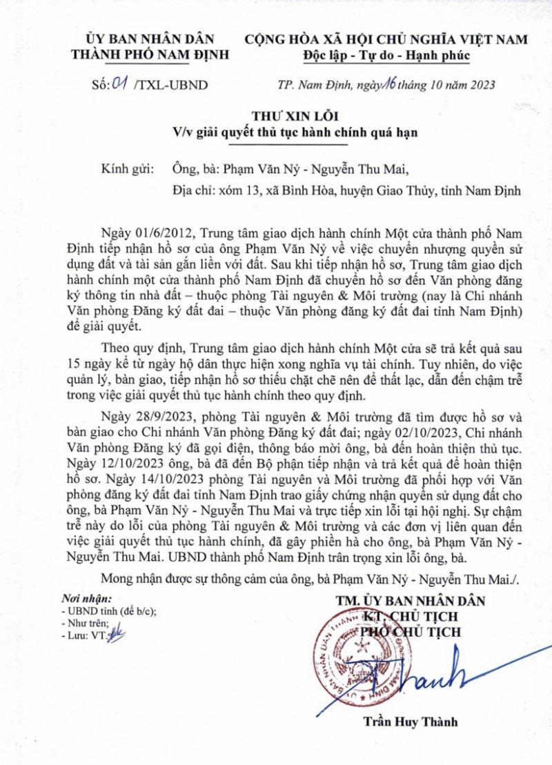 Toàn văn thư xin lỗi công dân của UBND thành phố Nam Định.