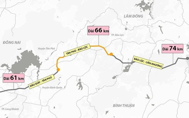 Cao tốc đoạn Tân Phú - Bảo Lộc có chiều dài khoảng 66 km với tổng mức đầu tư khoảng 17.200 tỷ đồng. Dự án này dự kiến được khởi công vào quý I/2024.