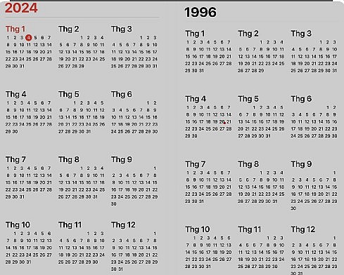 Lịch năm 2024 giống y hệt lịch năm 1996.