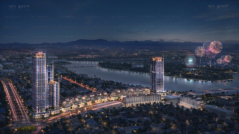 Phối cảnh về đêm Sun Cosmo Residence Da Nang- một trong những điểm nhấn của thị trường BĐS Đà Nẵng năm 2024