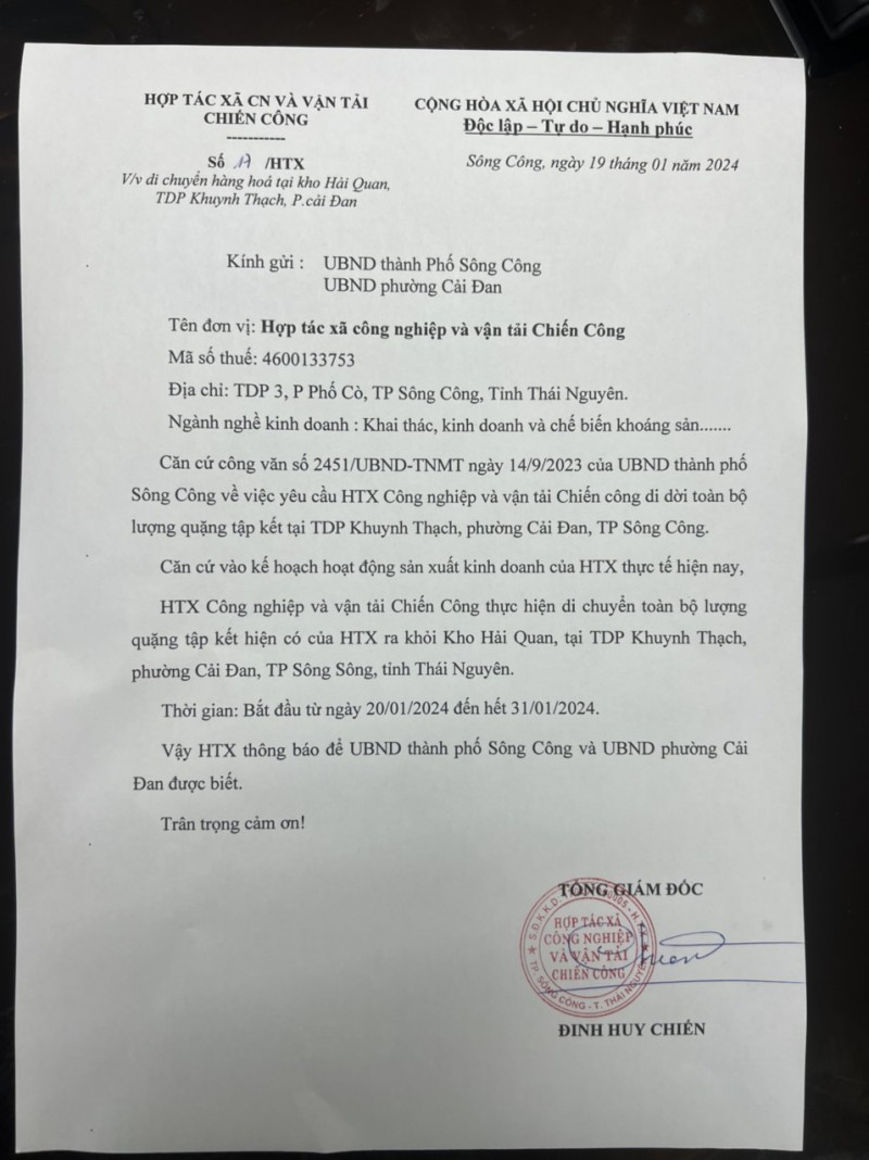 Thái Nguyên: Ấn định thời gian di dời bãi quặng của Hợp tác xã Chiến Công