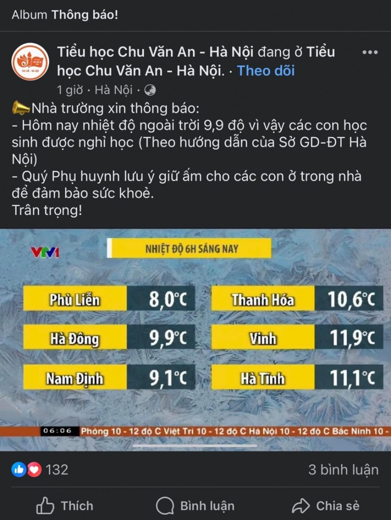 Nhiều trường tại Hà Nội cho học sinh nghỉ học do rét hại dưới 10 độ C
