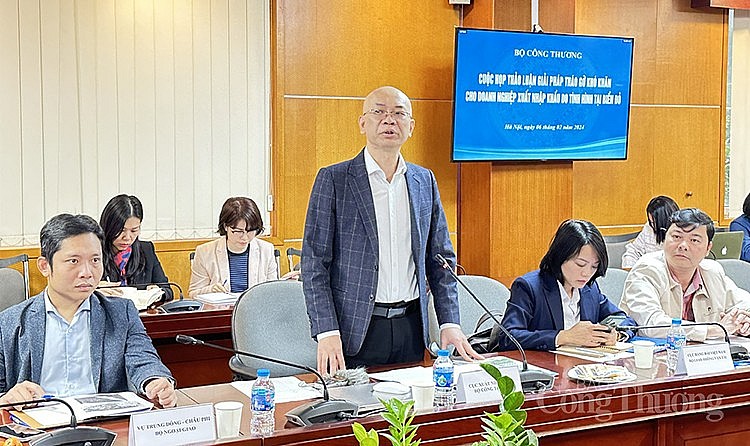 Ông Trần Thanh Hải - Phó Cục trưởng Cục Xuất nhập khẩu (Bộ Công Thương) phát biểu tại cuộc họp