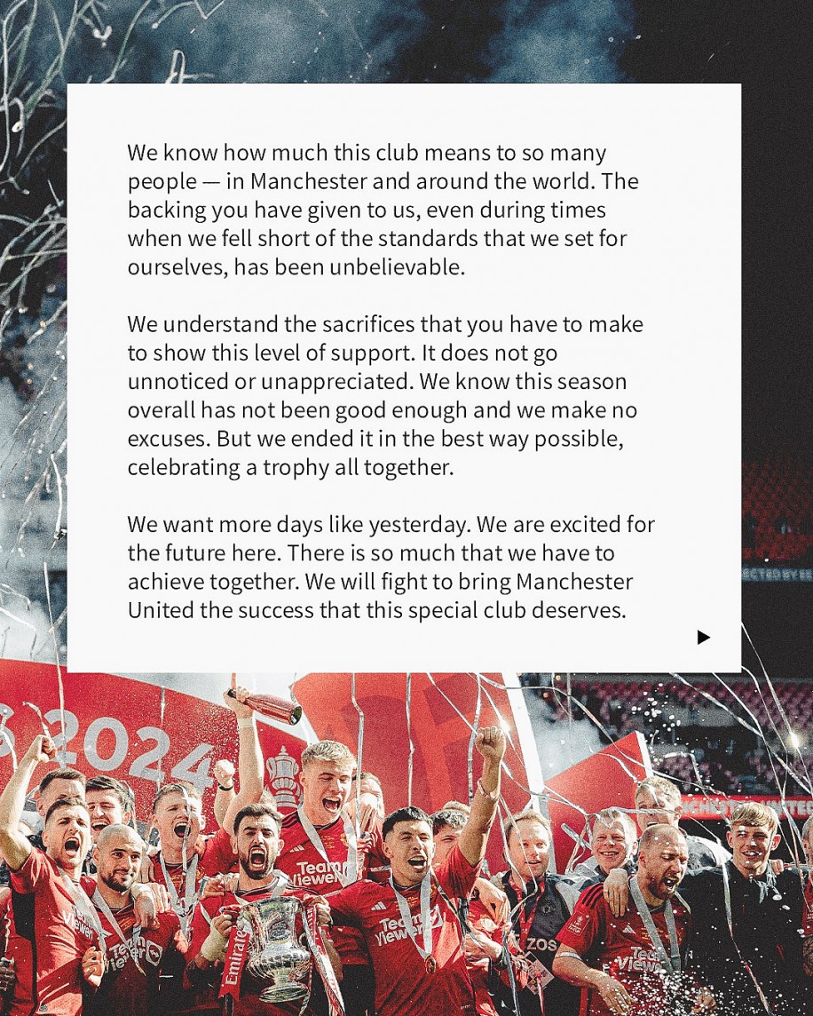 Sau chức vô địch FA Cup: Cầu thủ MU viết tâm thư đầy xúc động gửi người hâm mộ