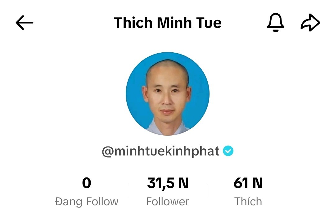 Bất ngờ xuất hiện tài khoản TikTok tick xanh mang tên Thích Minh Tuệ