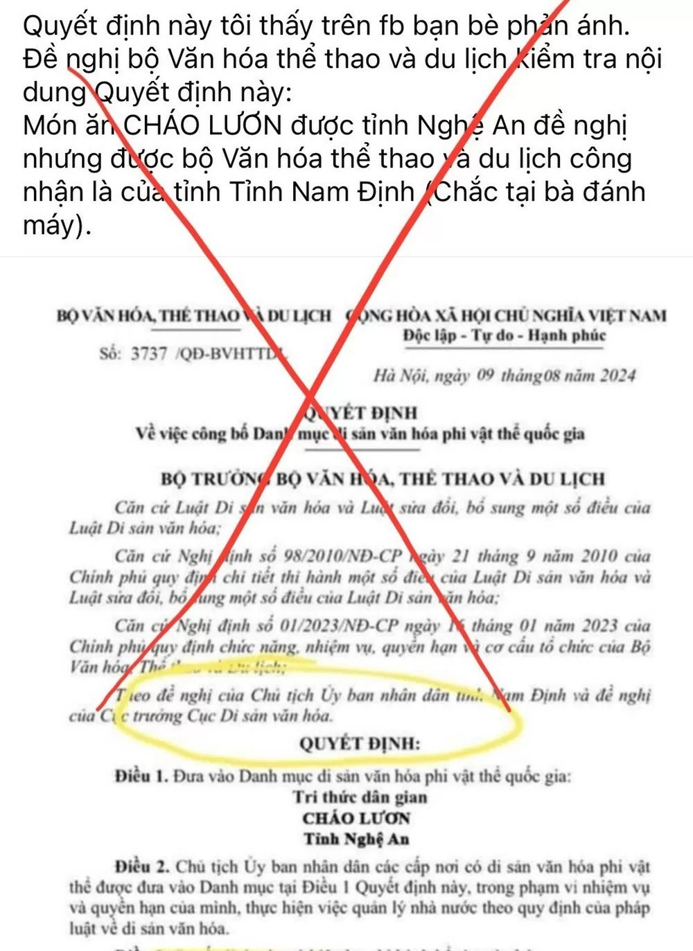 Đề nghị xử lý thông tin xuyên tạc việc cháo lươn Nghệ An được đề cử di sản