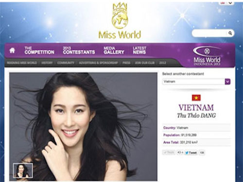 Hình ảnh Thu Thảo trên trang chủ cuộc thi Hoa hậu Thế giới (Miss World)