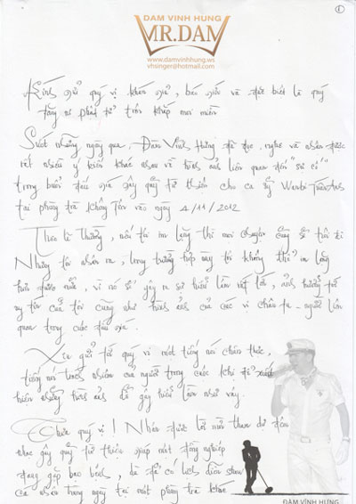 Trang đầu tiên trong bức thư được viết tay của Đàm Vĩnh Hưng