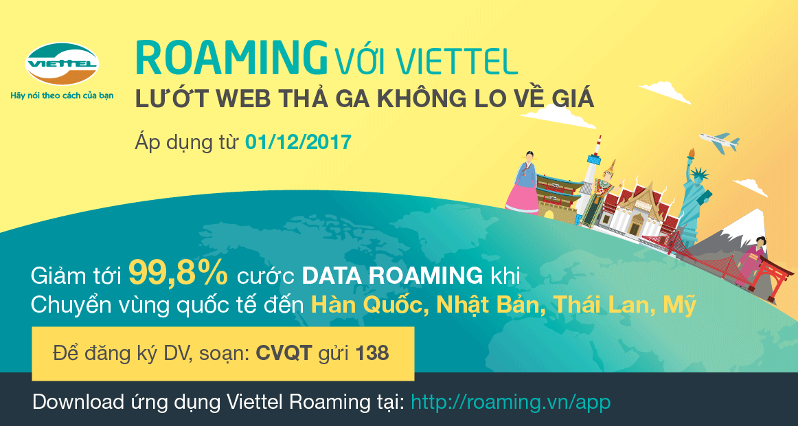 Dùng Data Roaming Viettel với giá chỉ từ 400đ/MB khi đi Mỹ, Nhật, Thái, Hàn