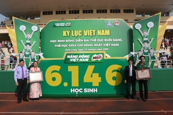 Màn đồng diễn thể dục của học sinh Vĩnh Long đạt kỉ lục Guinness Việt Nam