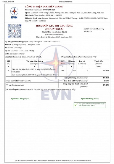Điện lực Kiên Giang áp dụng mẫu hóa đơn tiền điện điện tử mới