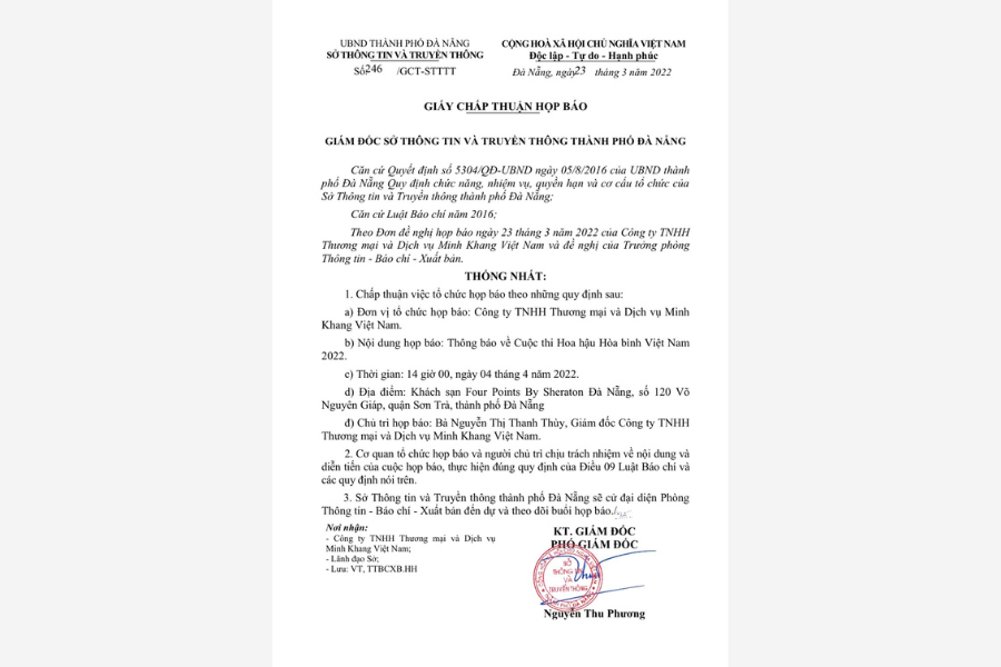 Văn bản chấp thuận của Sở Thông tin và Truyền thông TP Đà Nẵng về việc tổ chức cuộc họp báo về cuộc thi Hoa hậu Hòa bình Việt Nam 2022 do Công ty TNHH Thương mại và Dịch vụ Minh Khang Việt Nam tổ chức