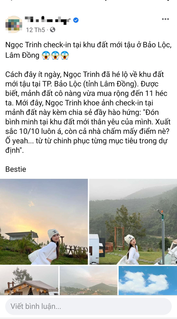 trang Facebook đăng nhiều hình ảnh với nội dung nói Ngọc Trinh mua đất ở Bảo Lộc