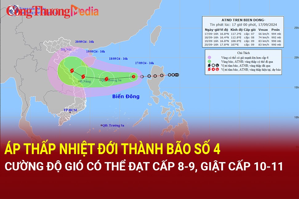 Áp thấp nhiệt đới thành bão số 4, cường độ gió có thể đạt cấp 8-9, giật cấp 10-11