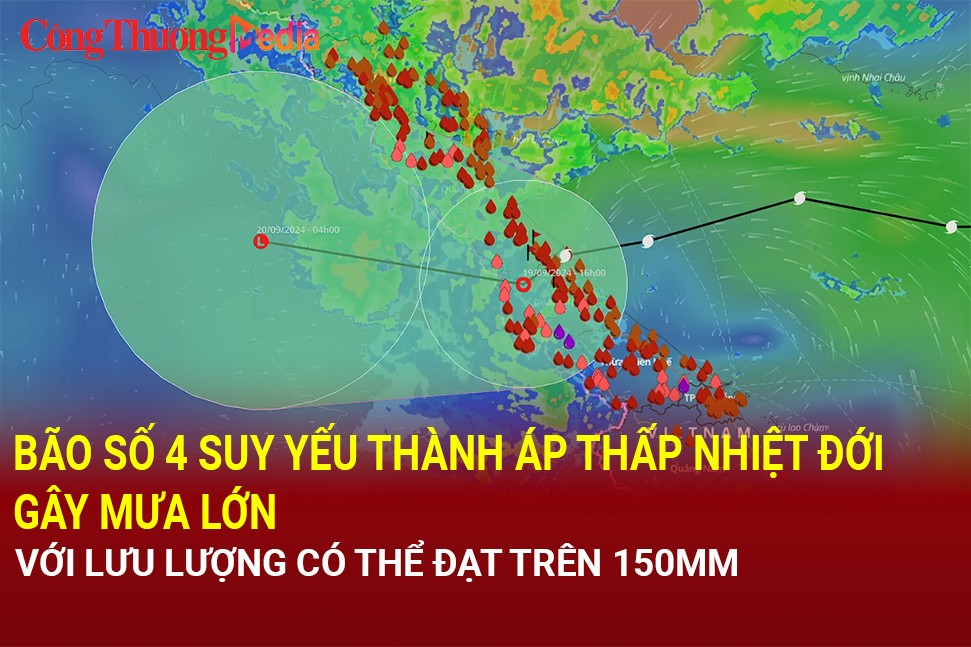 Bão số 4 suy yếu thành áp thấp nhiệt đới gây mưa lớn với lưu lượng có thể đạt trên 150mm